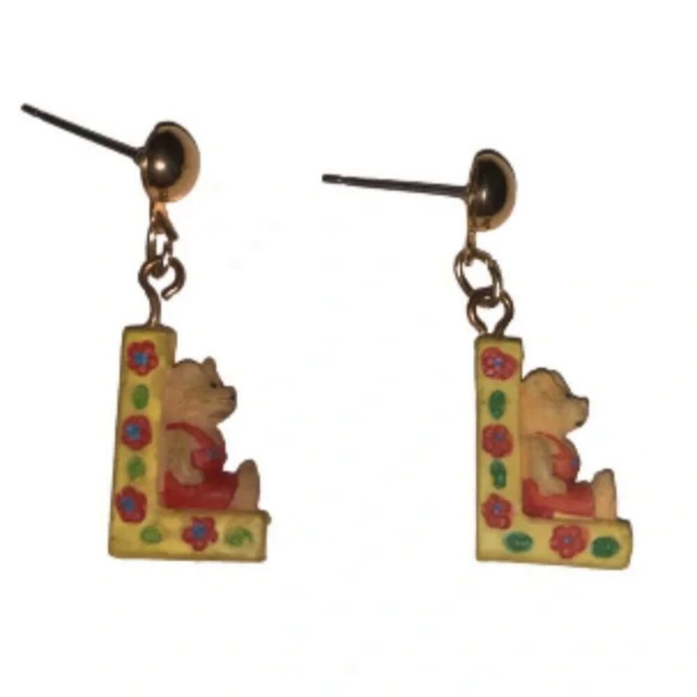 Post Earrings with Dangle L and Bear in Overalls